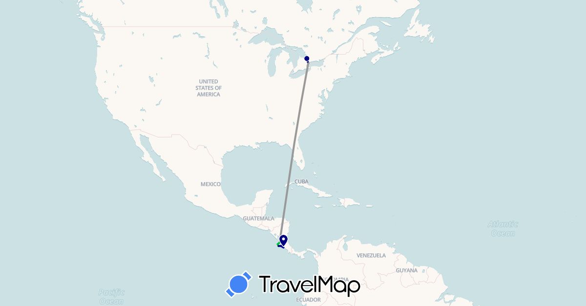 TravelMap itinerary: driving, bus, plane in Canada, Costa Rica (North America)